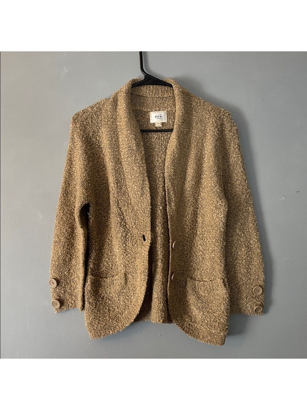 ECI Womens Small Brown Cozy Wool Textured Knit in Beige Button Pockets